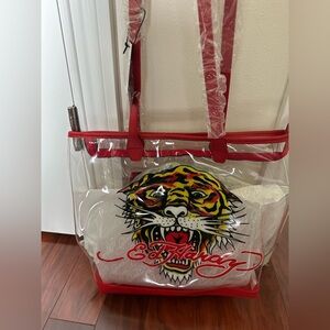 Ed Hardy Clear Tote with Red Trim and Multicolor Tiger Graphic